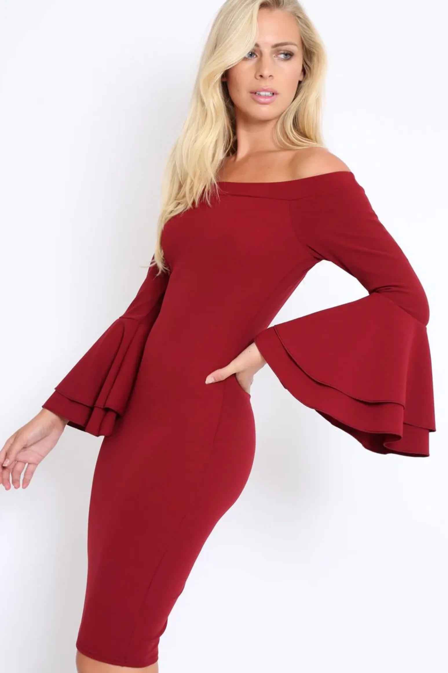 Rebellious Fashion Wine Bardot Flared Sleeve Dress - Ebony