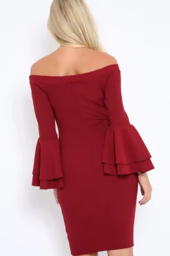 Rebellious Fashion Wine Bardot Flared Sleeve Dress - Ebony