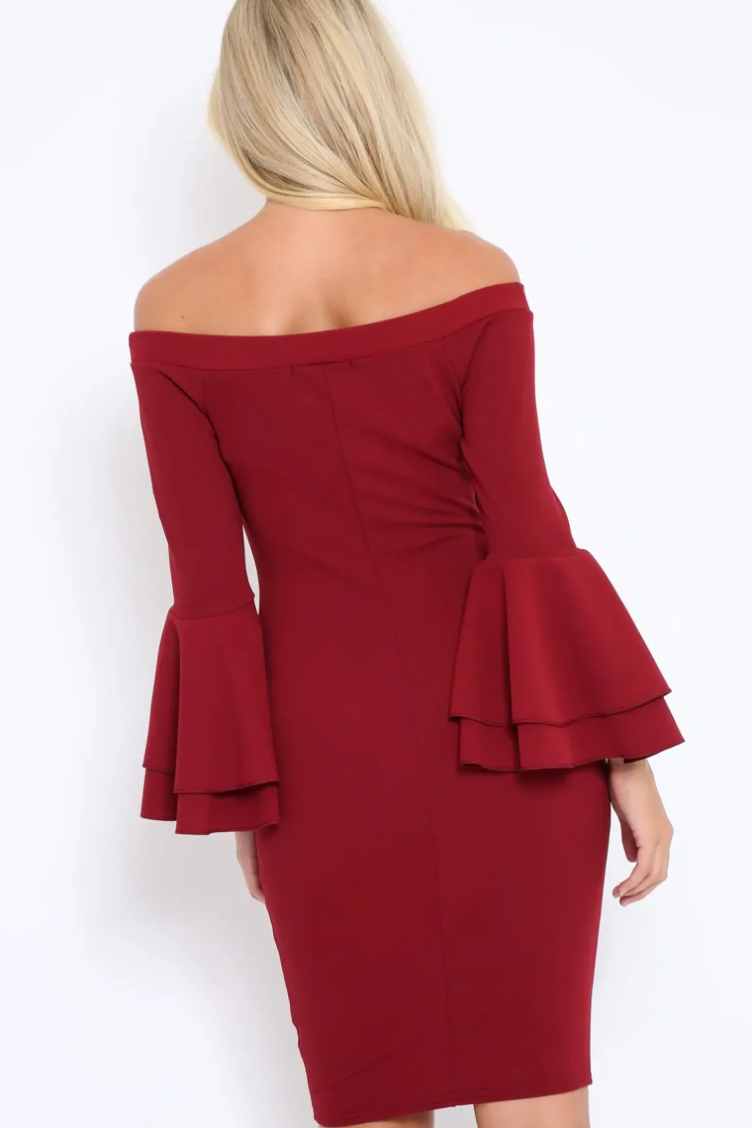 Rebellious Fashion Wine Bardot Flared Sleeve Dress - Ebony
