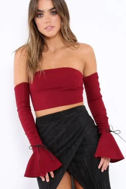 Rebellious Fashion Wine Bardot Frill Bell Sleeve Crop Top - Cobie