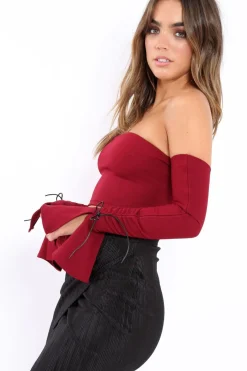 Rebellious Fashion Wine Bardot Frill Bell Sleeve Crop Top - Cobie