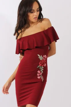 Rebellious Fashion Wine Bardot Frill Embroidered Dress - Jasmine