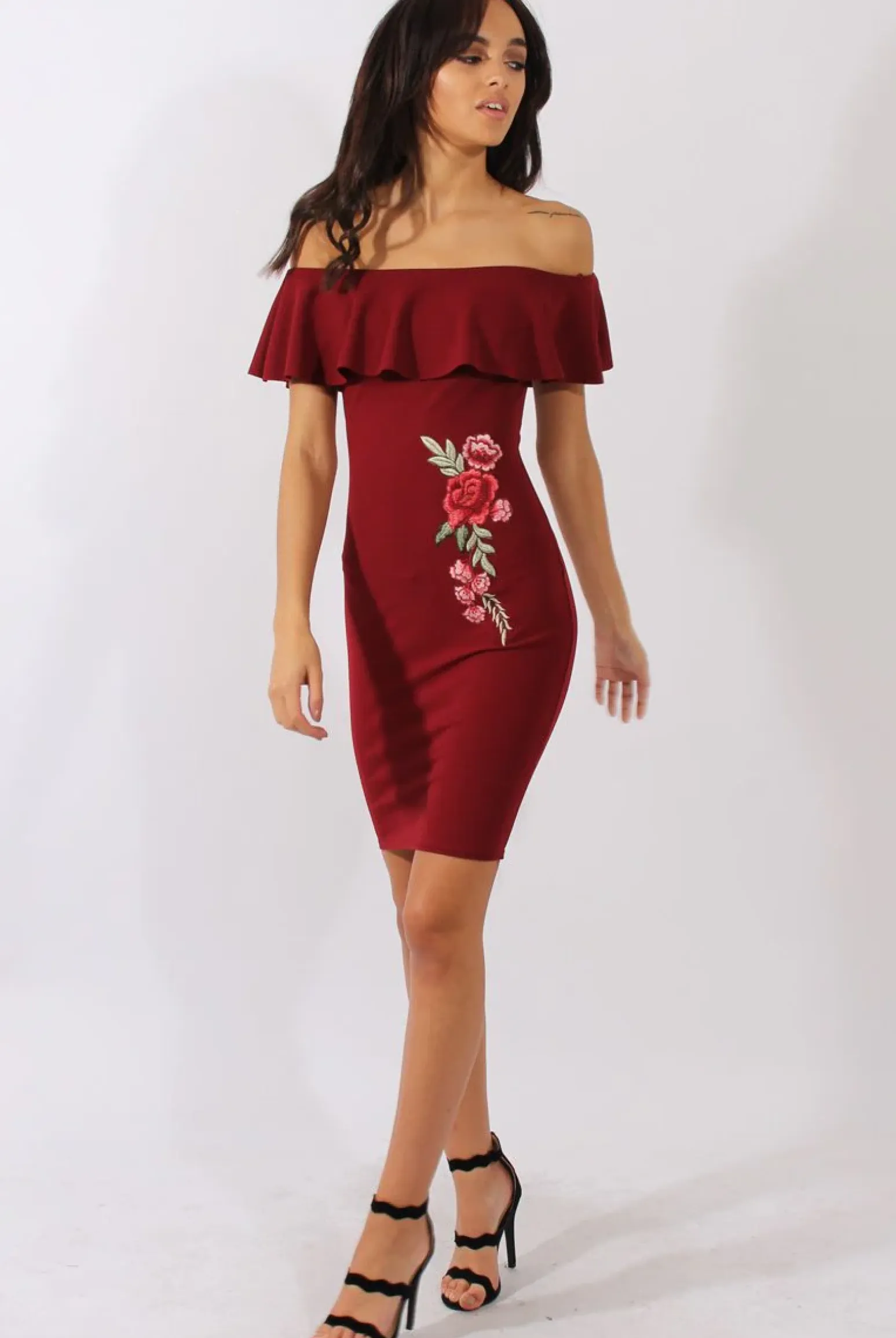 Rebellious Fashion Wine Bardot Frill Embroidered Dress - Jasmine
