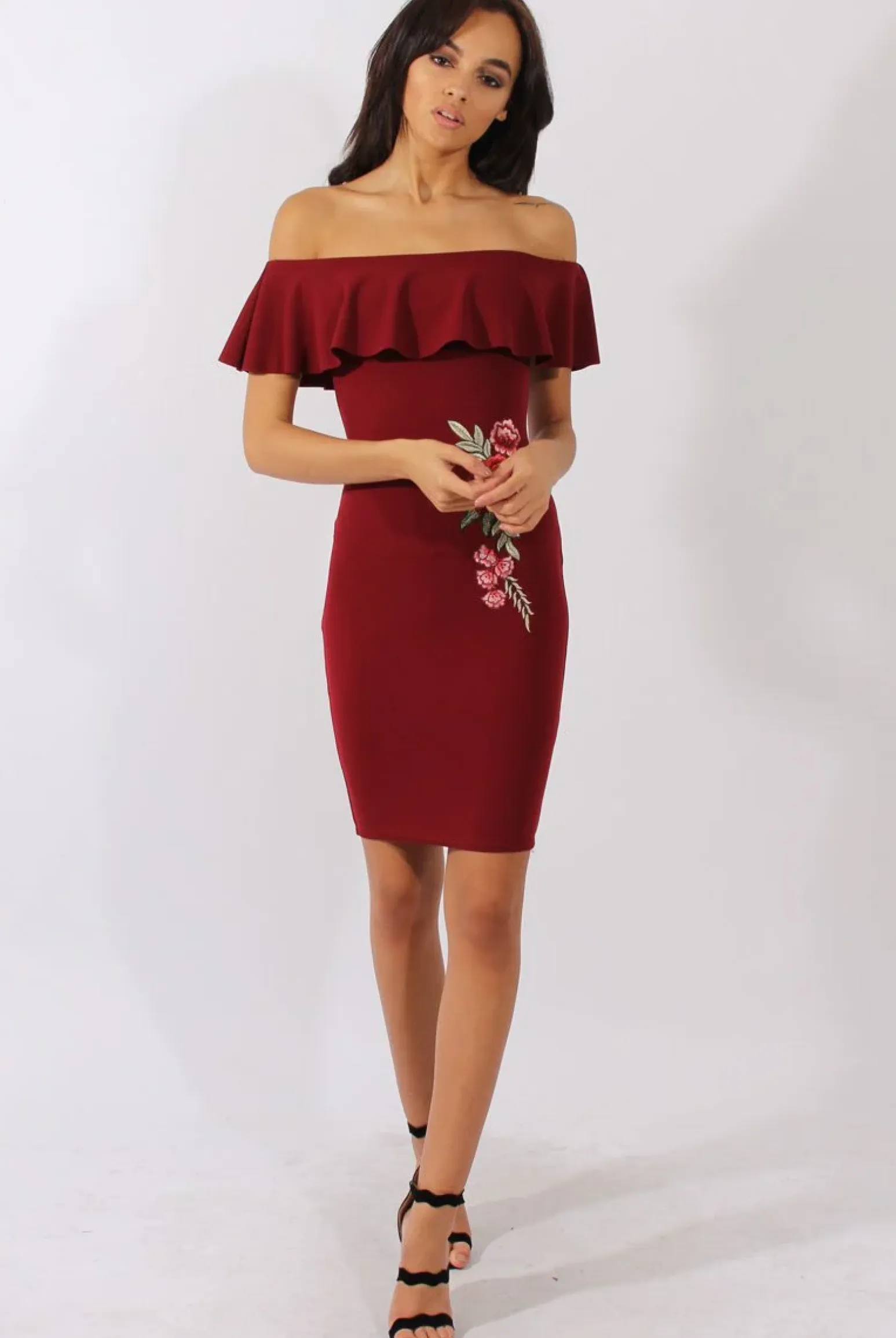 Rebellious Fashion Wine Bardot Frill Embroidered Dress - Jasmine