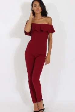 Rebellious Fashion Wine Bardot Frill Layer Jumpsuit - Anastasia