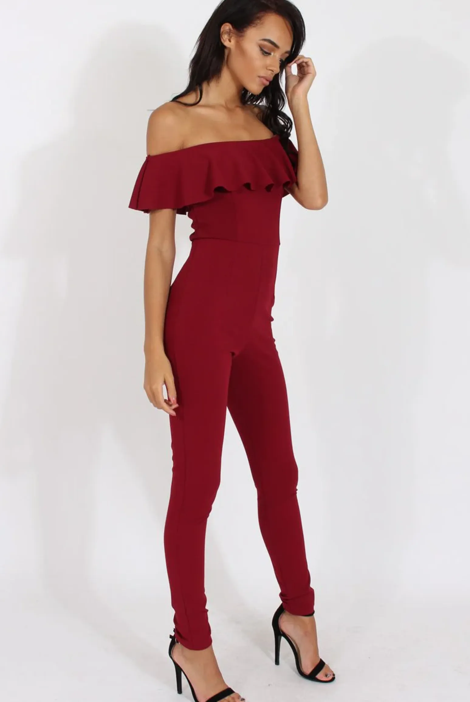 Rebellious Fashion Wine Bardot Frill Layer Jumpsuit - Anastasia