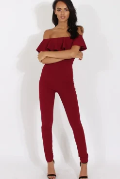 Rebellious Fashion Wine Bardot Frill Layer Jumpsuit - Anastasia