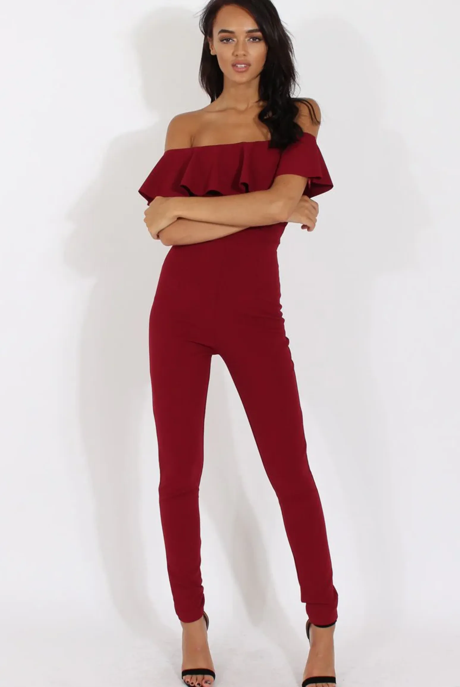 Rebellious Fashion Wine Bardot Frill Layer Jumpsuit - Anastasia