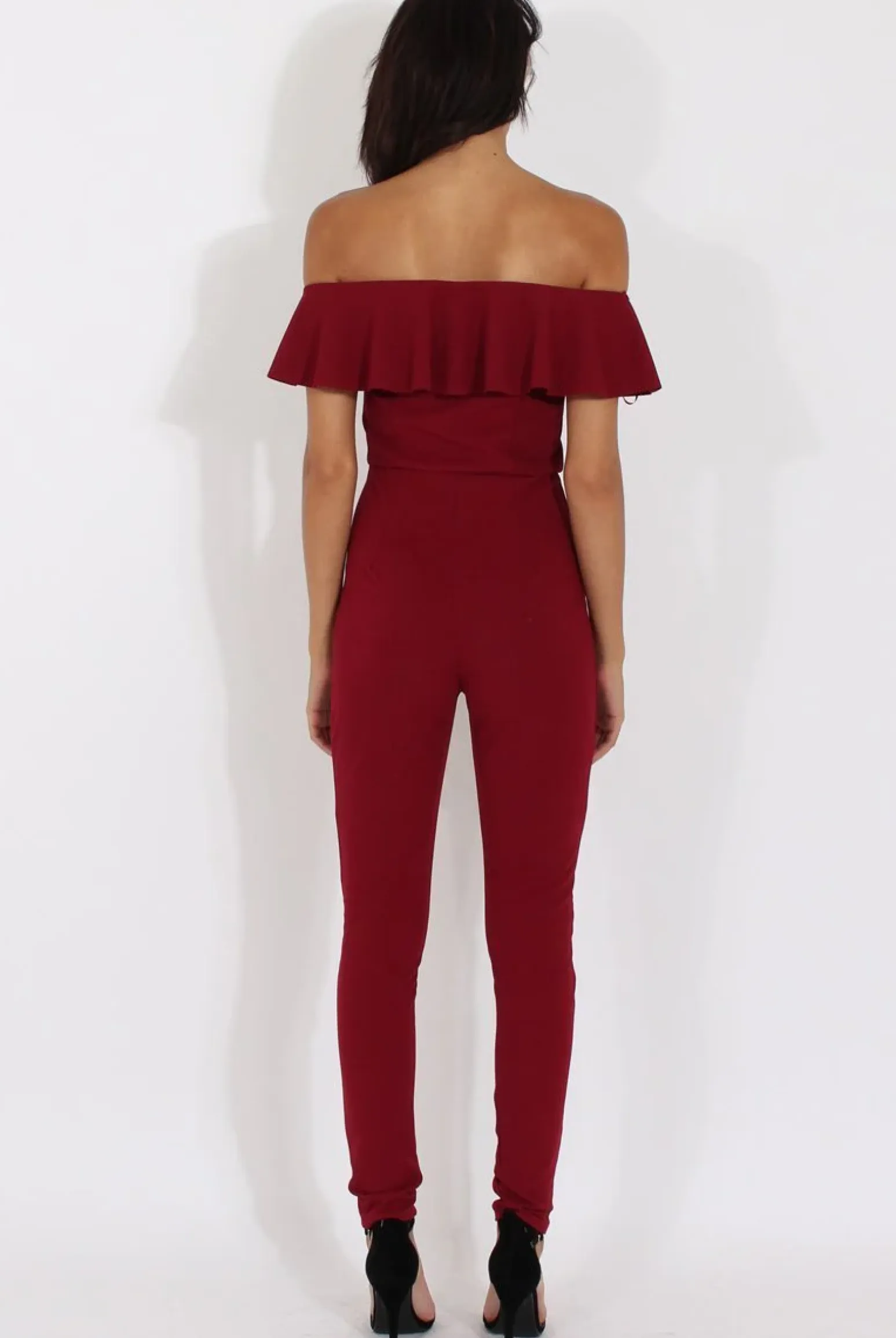 Rebellious Fashion Wine Bardot Frill Layer Jumpsuit - Anastasia