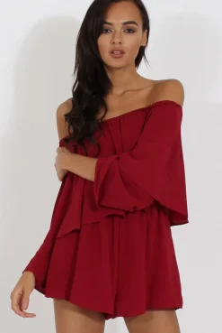 Rebellious Fashion Wine Bardot Frill Layer Playsuit - Ema