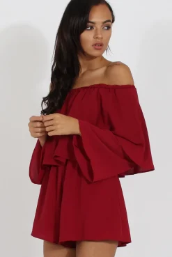 Rebellious Fashion Wine Bardot Frill Layer Playsuit - Ema