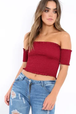 Rebellious Fashion Wine Bardot Frill Shirred Crop Top - Kailah
