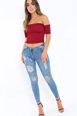 Rebellious Fashion Wine Bardot Frill Shirred Crop Top - Kailah