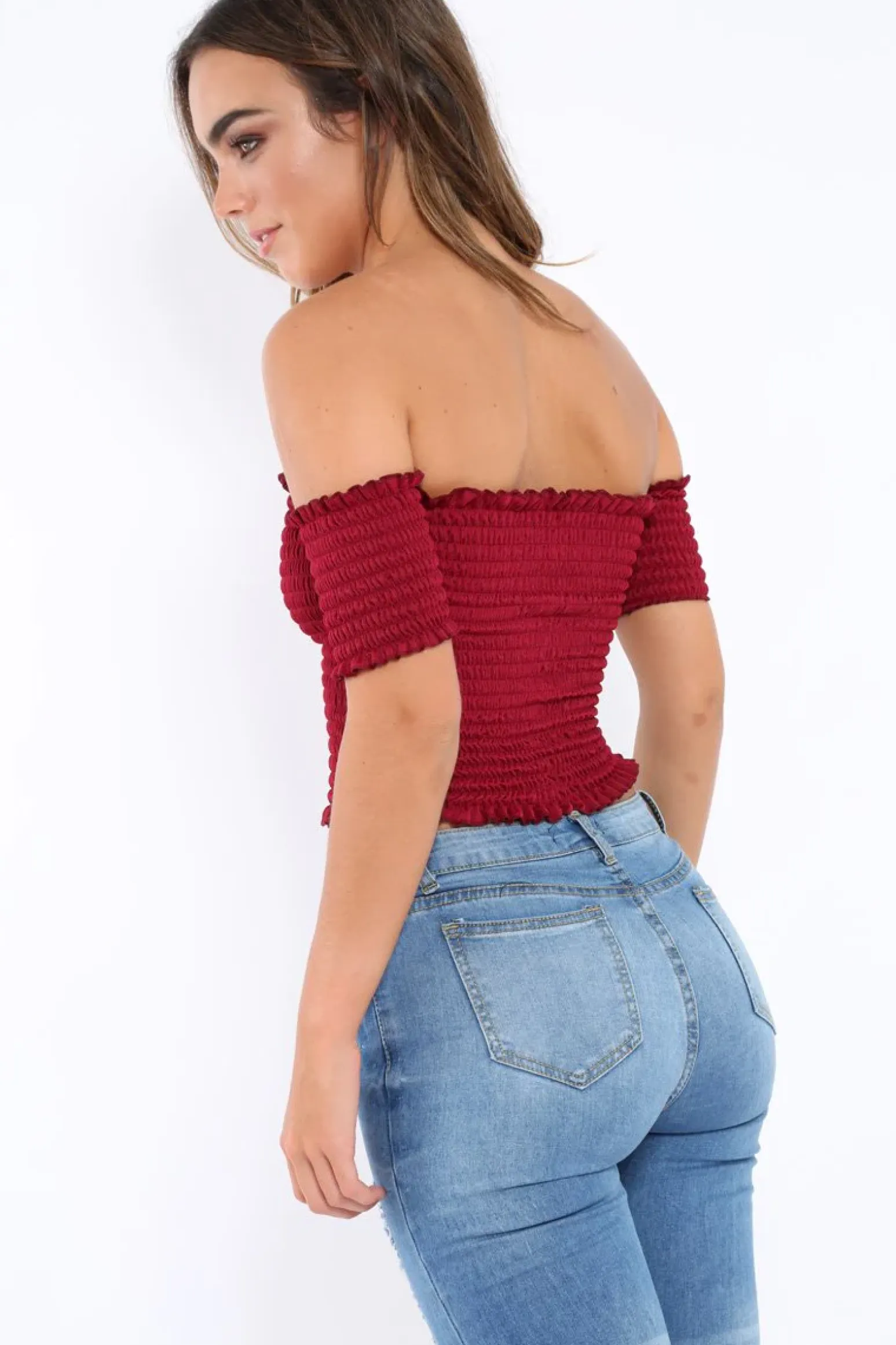 Rebellious Fashion Wine Bardot Frill Shirred Crop Top - Kailah