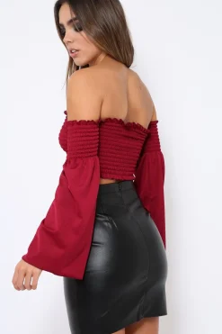 Rebellious Fashion Wine Bardot Shirred Crop Top with Flared Sleeves - Shera