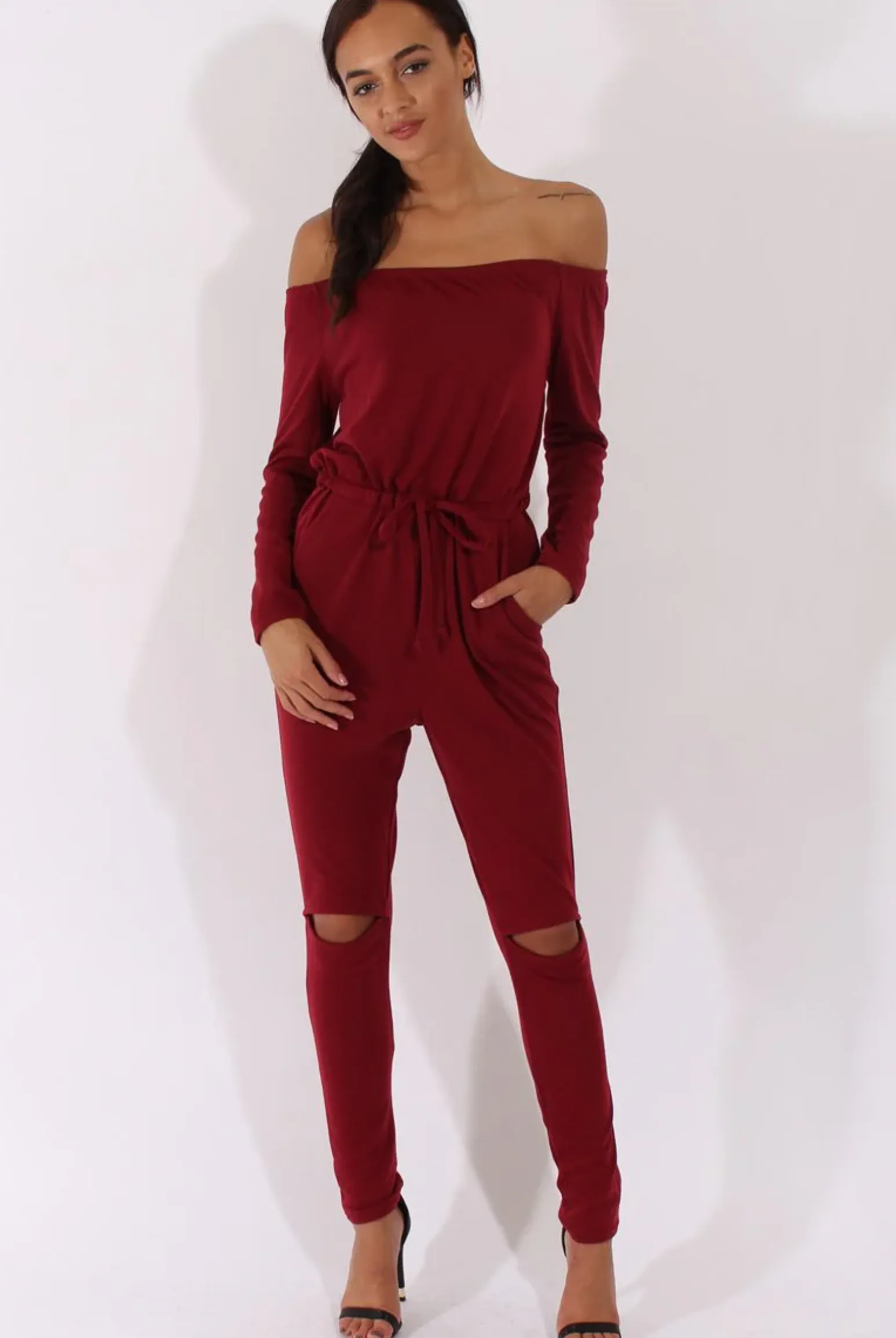Rebellious Fashion Wine Bardot Split Knee Jumpsuit - Coran
