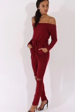Rebellious Fashion Wine Bardot Split Knee Jumpsuit - Coran