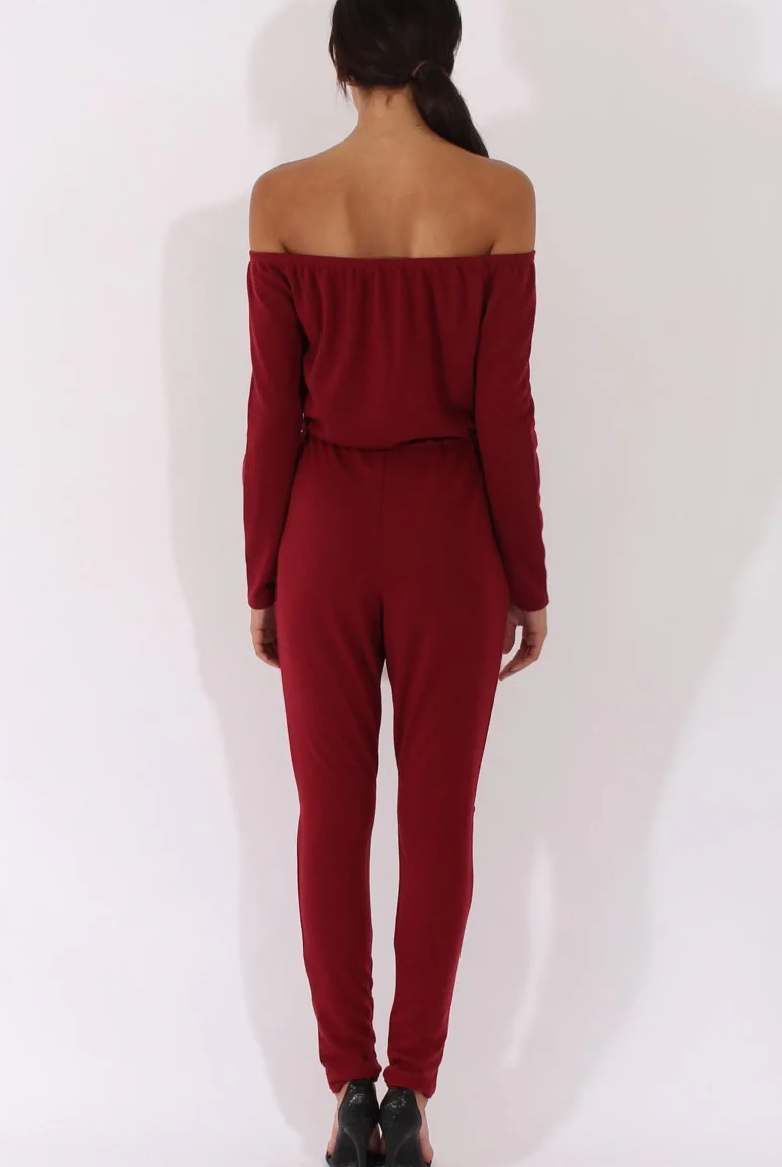 Rebellious Fashion Wine Bardot Split Knee Jumpsuit - Coran