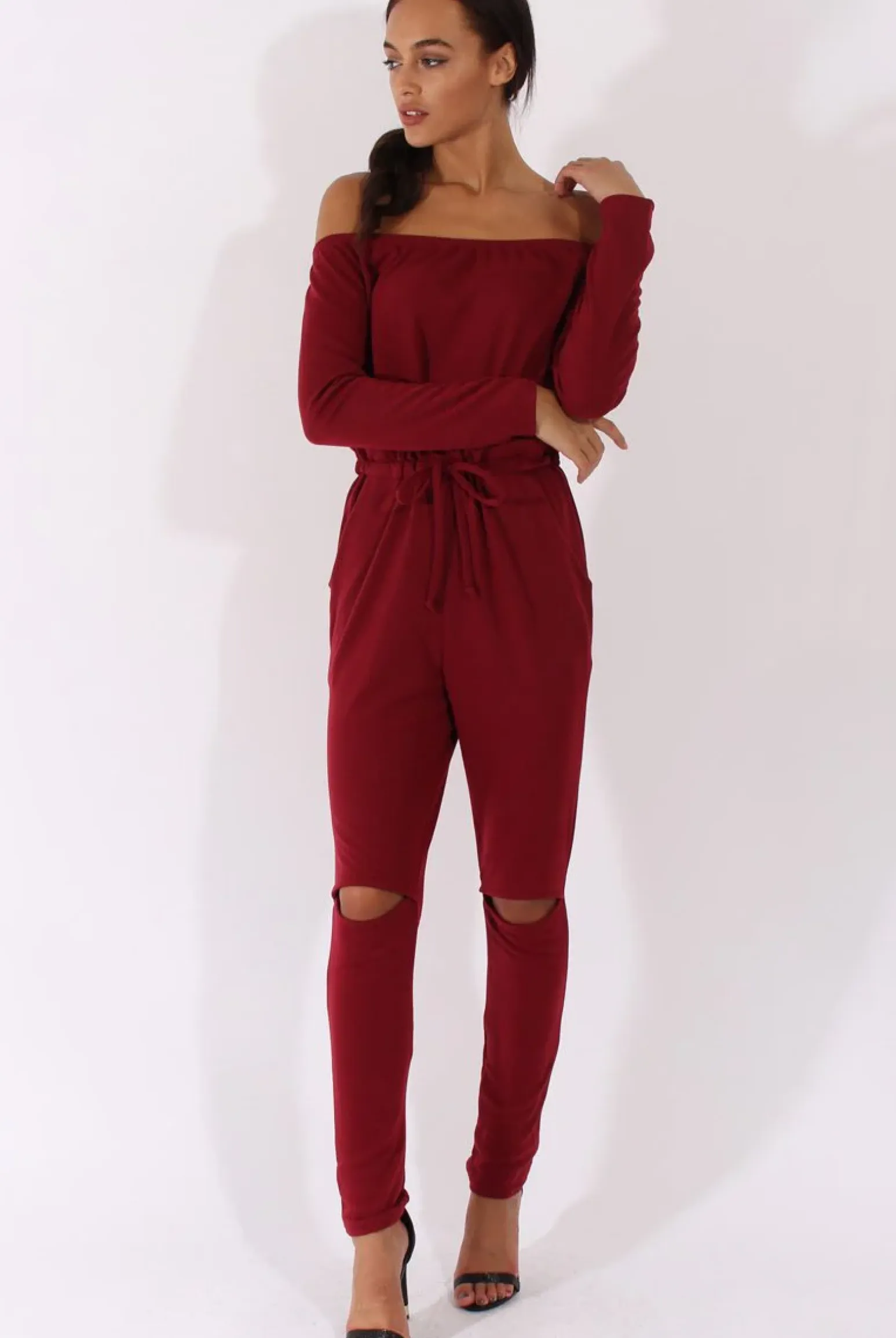 Rebellious Fashion Wine Bardot Split Knee Jumpsuit - Coran