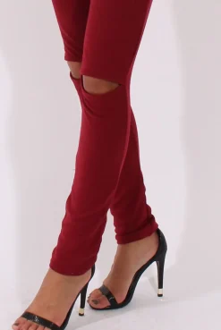 Rebellious Fashion Wine Bardot Split Knee Jumpsuit - Coran