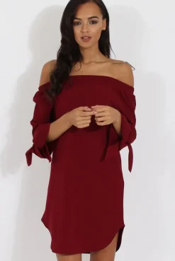 Rebellious Fashion Wine Bardot Tie Cuffs Dress - Whitney