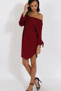 Rebellious Fashion Wine Bardot Tie Cuffs Dress - Whitney