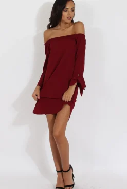 Rebellious Fashion Wine Bardot Tie Cuffs Dress - Whitney