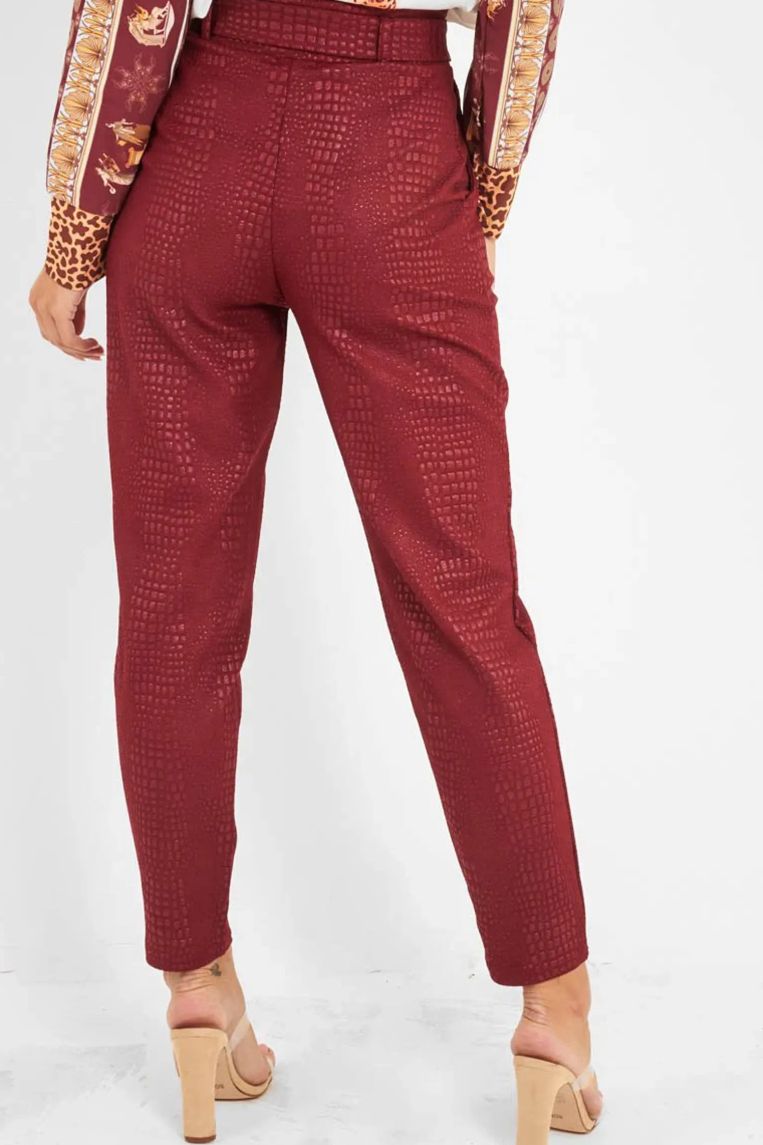 Rebellious Fashion Wine Belted Croc Print Tapered Trousers - Aasia