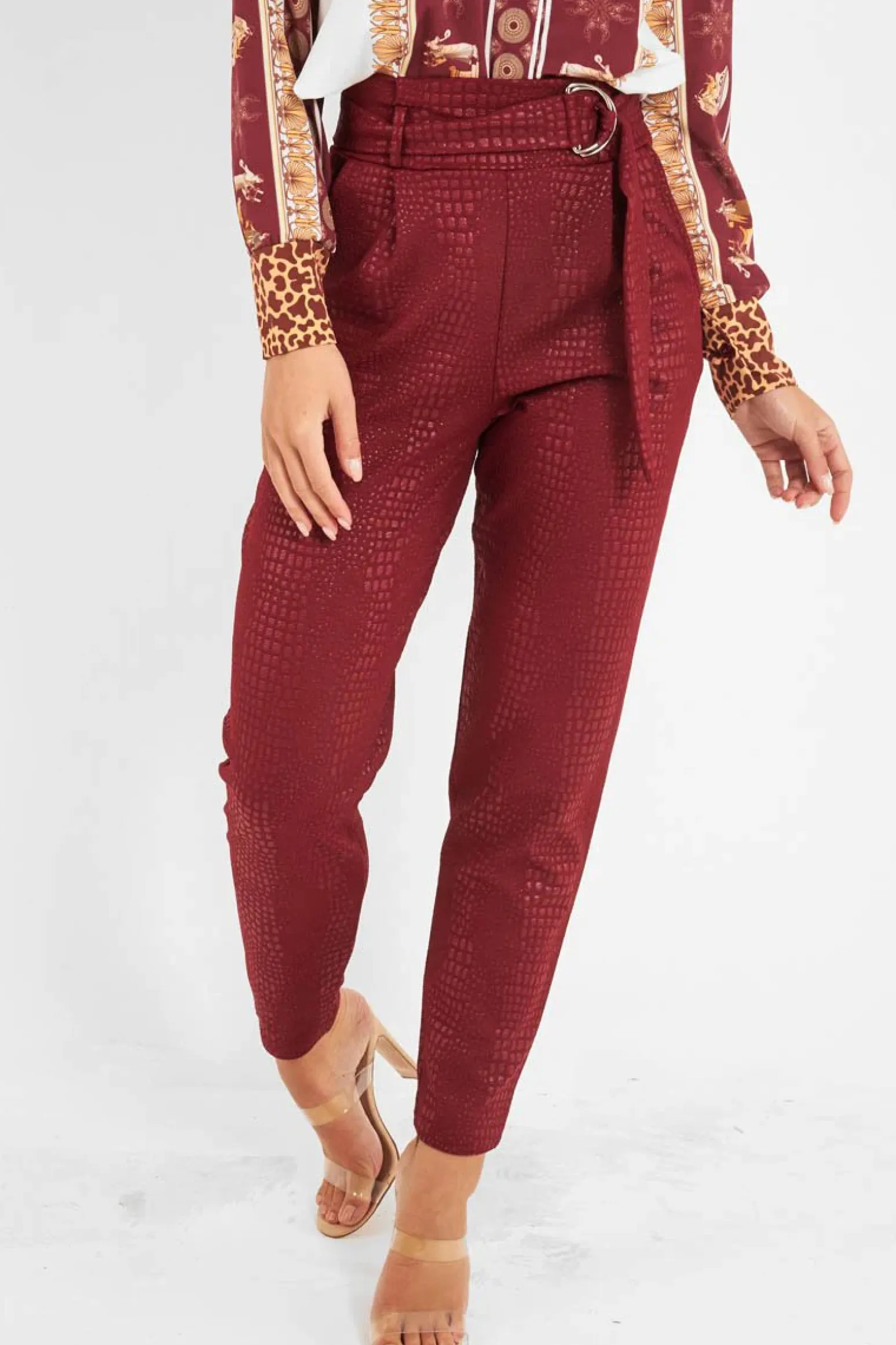 Rebellious Fashion Wine Belted Croc Print Tapered Trousers - Aasia