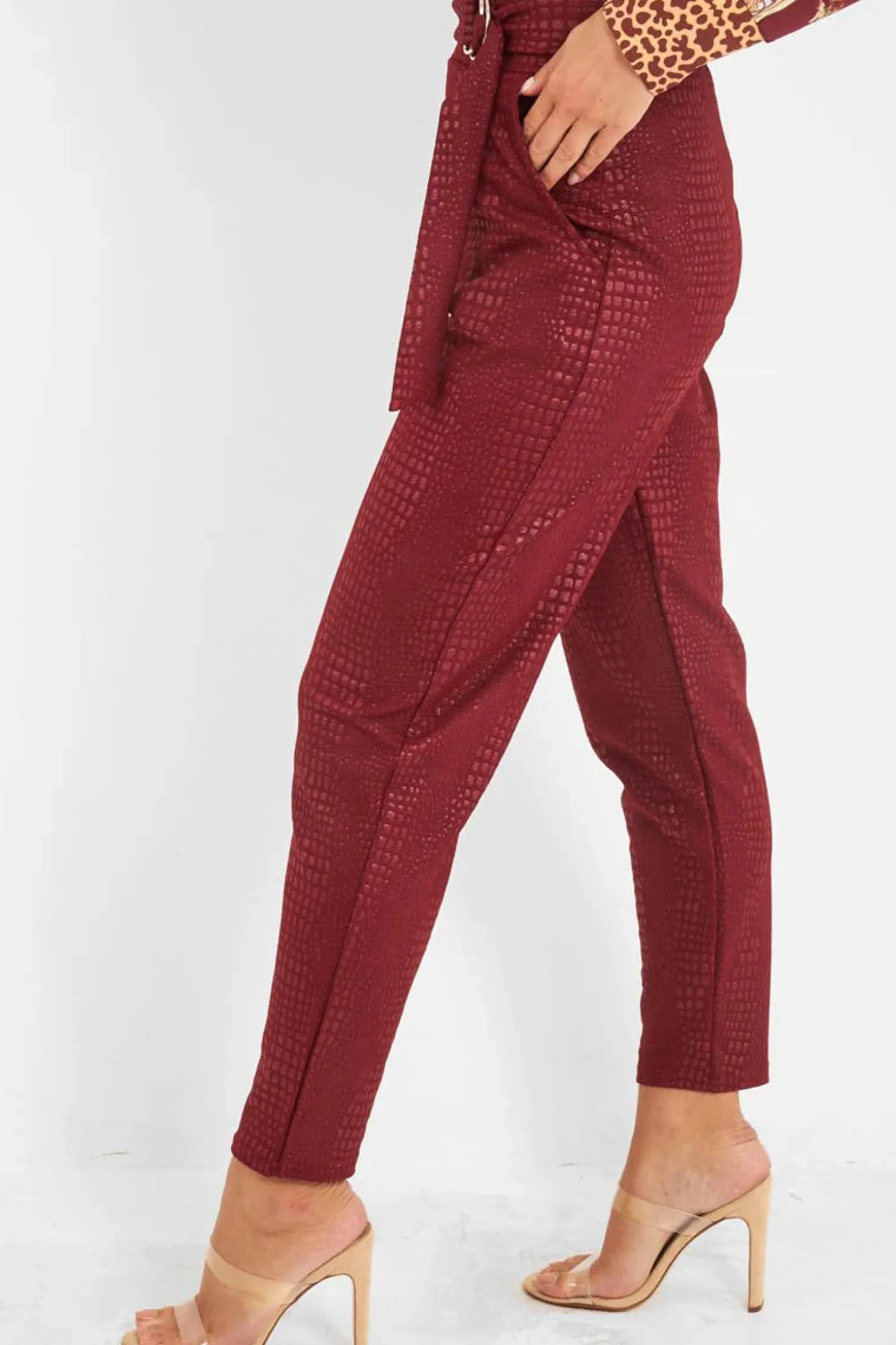 Rebellious Fashion Wine Belted Croc Print Tapered Trousers - Aasia