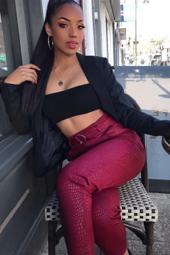 Rebellious Fashion Wine Belted Croc Print Tapered Trousers - Aasia