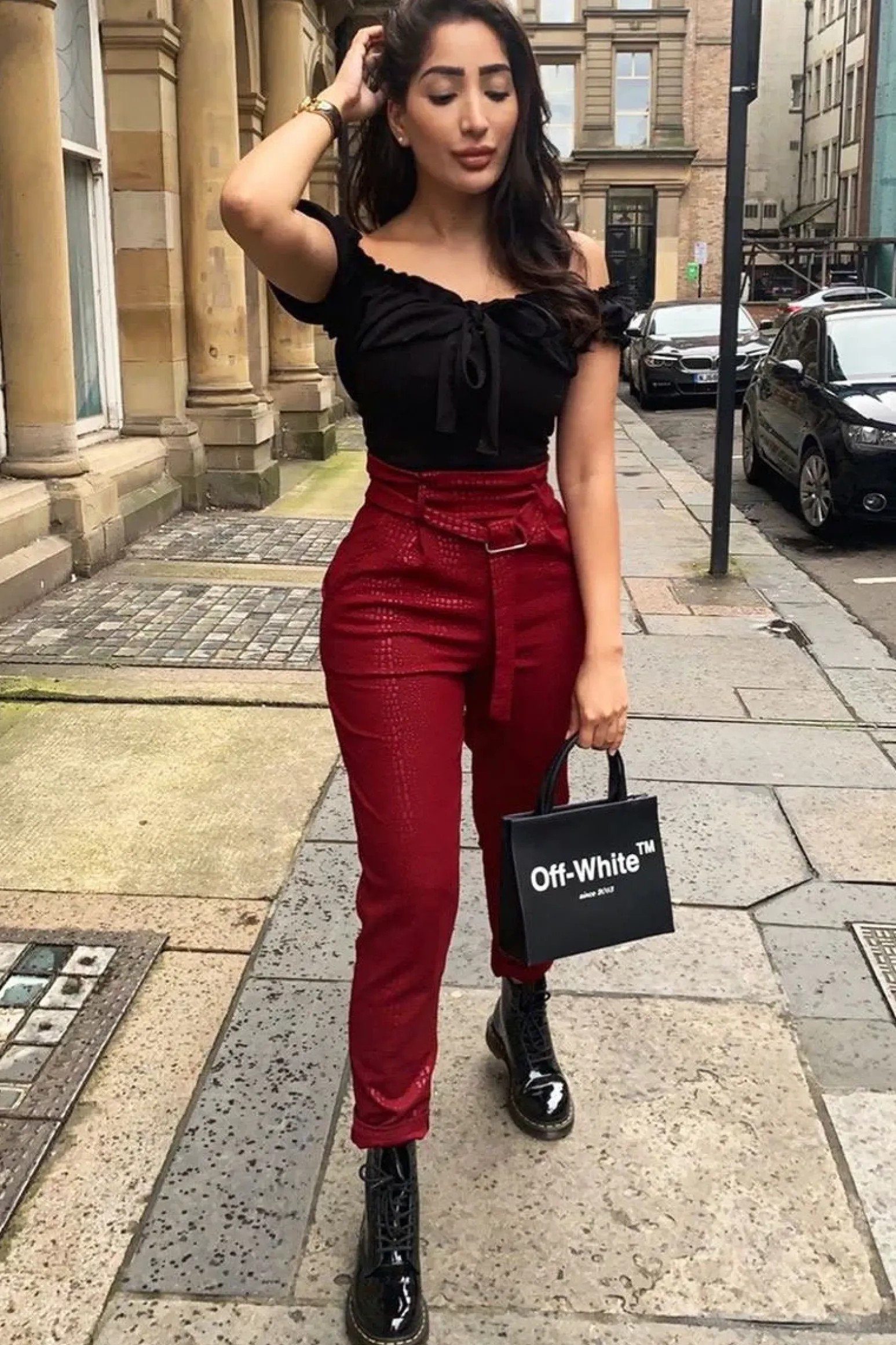 Rebellious Fashion Wine Belted Croc Print Tapered Trousers - Aasia