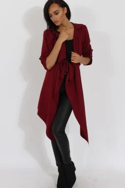 Rebellious Fashion Wine Belted Waterfall Duster Jacket - Aisla