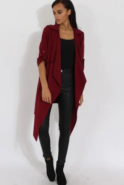 Rebellious Fashion Wine Belted Waterfall Duster Jacket - Aisla