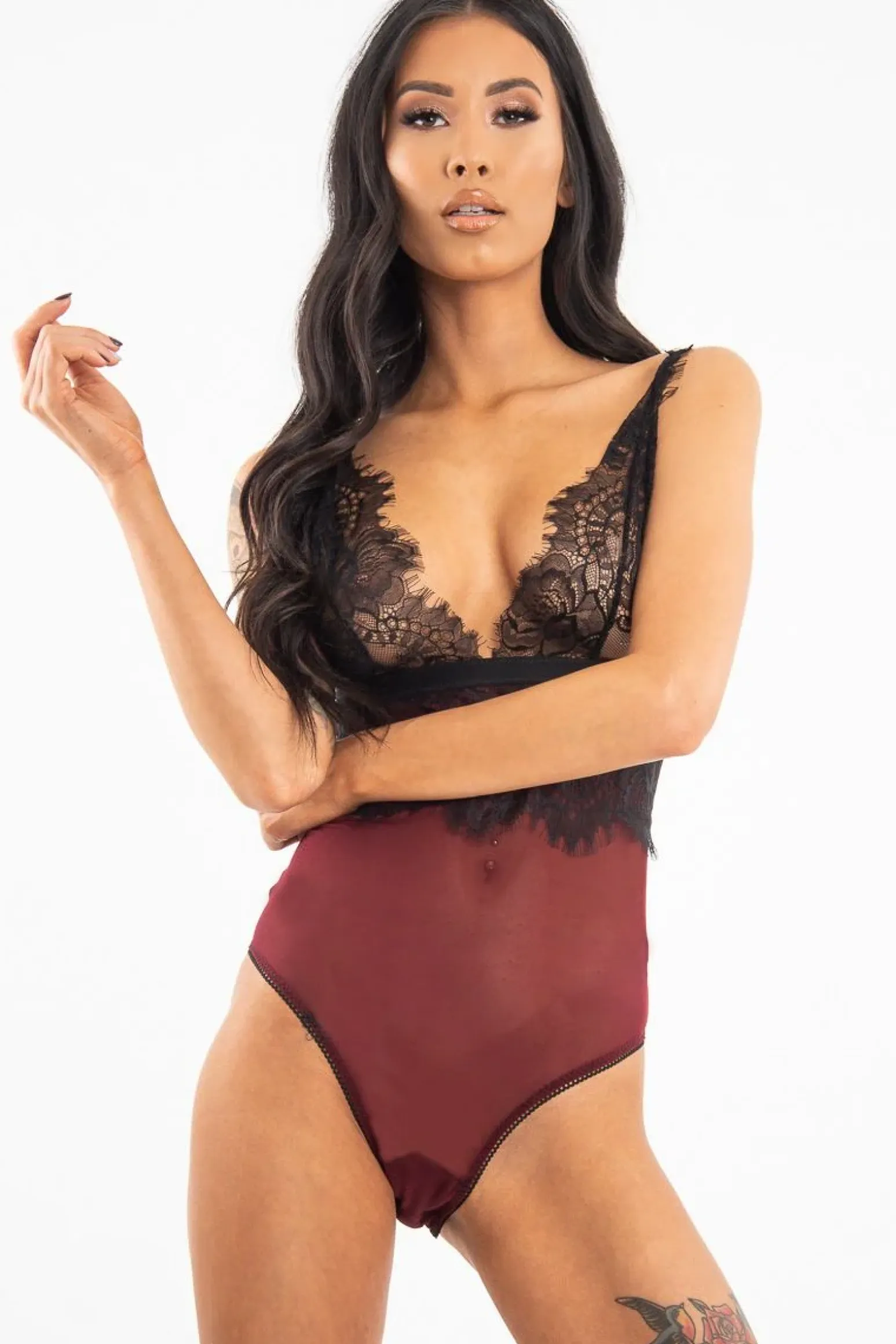 Rebellious Fashion Wine Black Sheer Lace Plunge Bodysuit - Aneya
