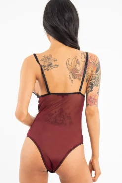 Rebellious Fashion Wine Black Sheer Lace Plunge Bodysuit - Aneya