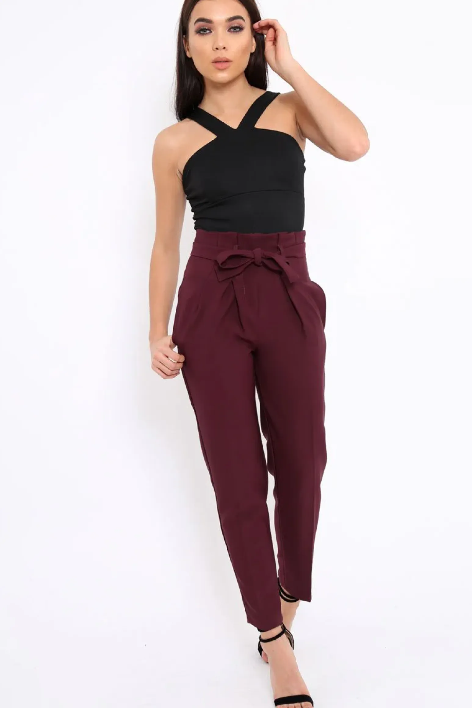 Rebellious Fashion Wine Bow Belted Tapered Trousers - Miley