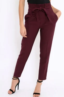 Rebellious Fashion Wine Bow Belted Tapered Trousers - Miley