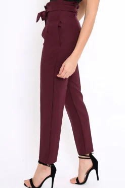 Rebellious Fashion Wine Bow Belted Tapered Trousers - Miley