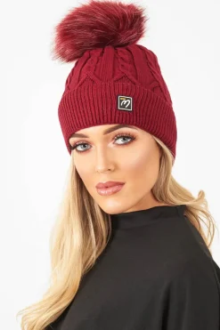 Rebellious Fashion Wine Cable Knit Bobble Hat - Lillyona