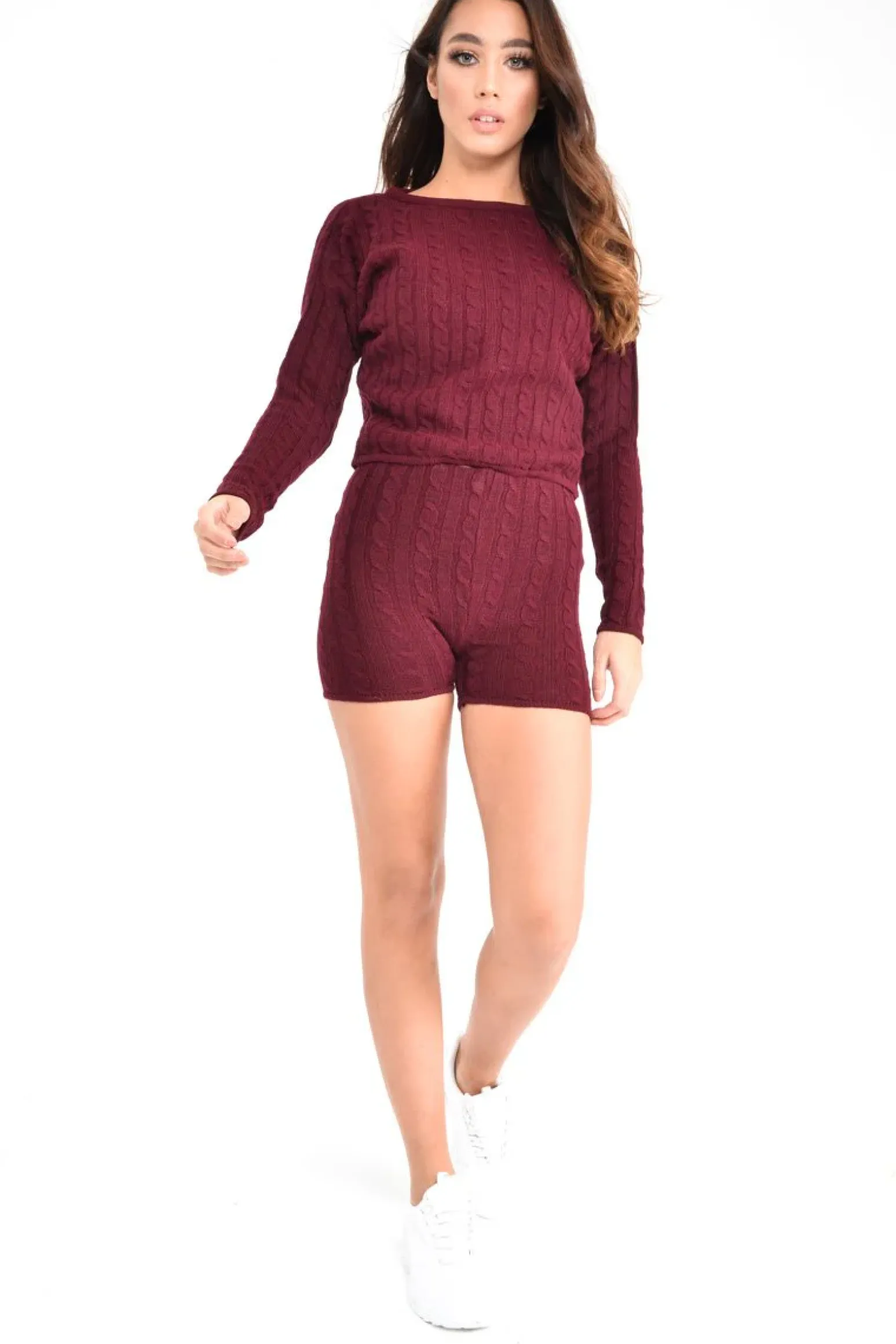 Rebellious Fashion Wine Cable Knit Loungewear Set - Karlie