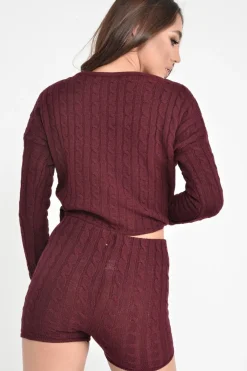 Rebellious Fashion Wine Cable Knit Loungewear Set - Karlie
