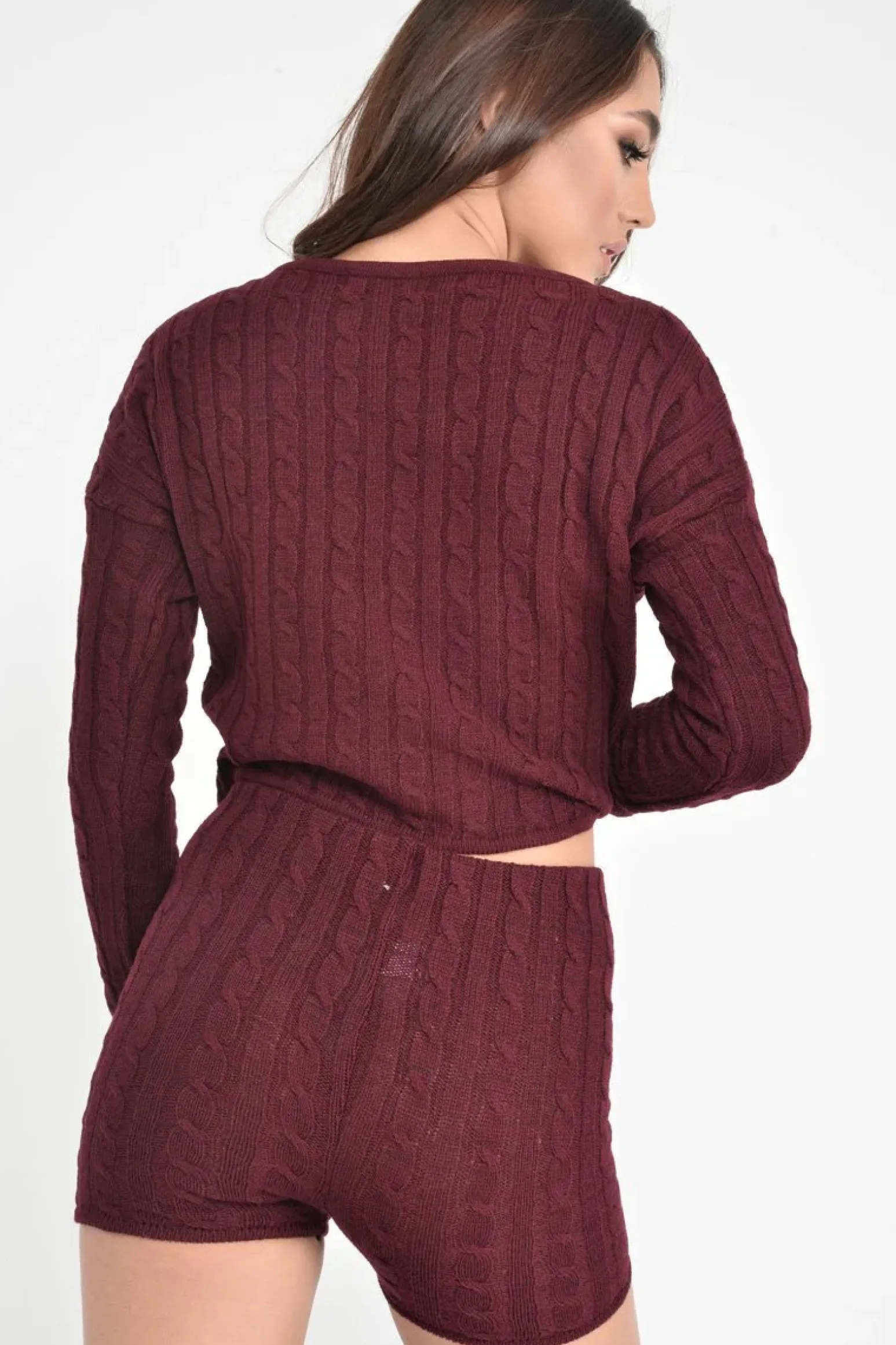 Rebellious Fashion Wine Cable Knit Loungewear Set - Karlie