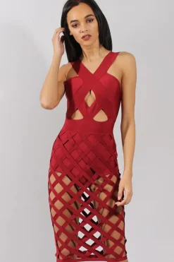 Rebellious Fashion Wine Cage Bandage Dress - Amra