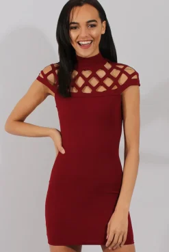 Rebellious Fashion Wine Cage High Neck Bodycon Dress- Kade