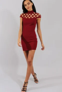 Rebellious Fashion Wine Cage High Neck Bodycon Dress- Kade