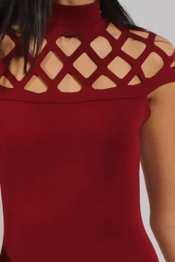Rebellious Fashion Wine Cage High Neck Bodycon Dress- Kade