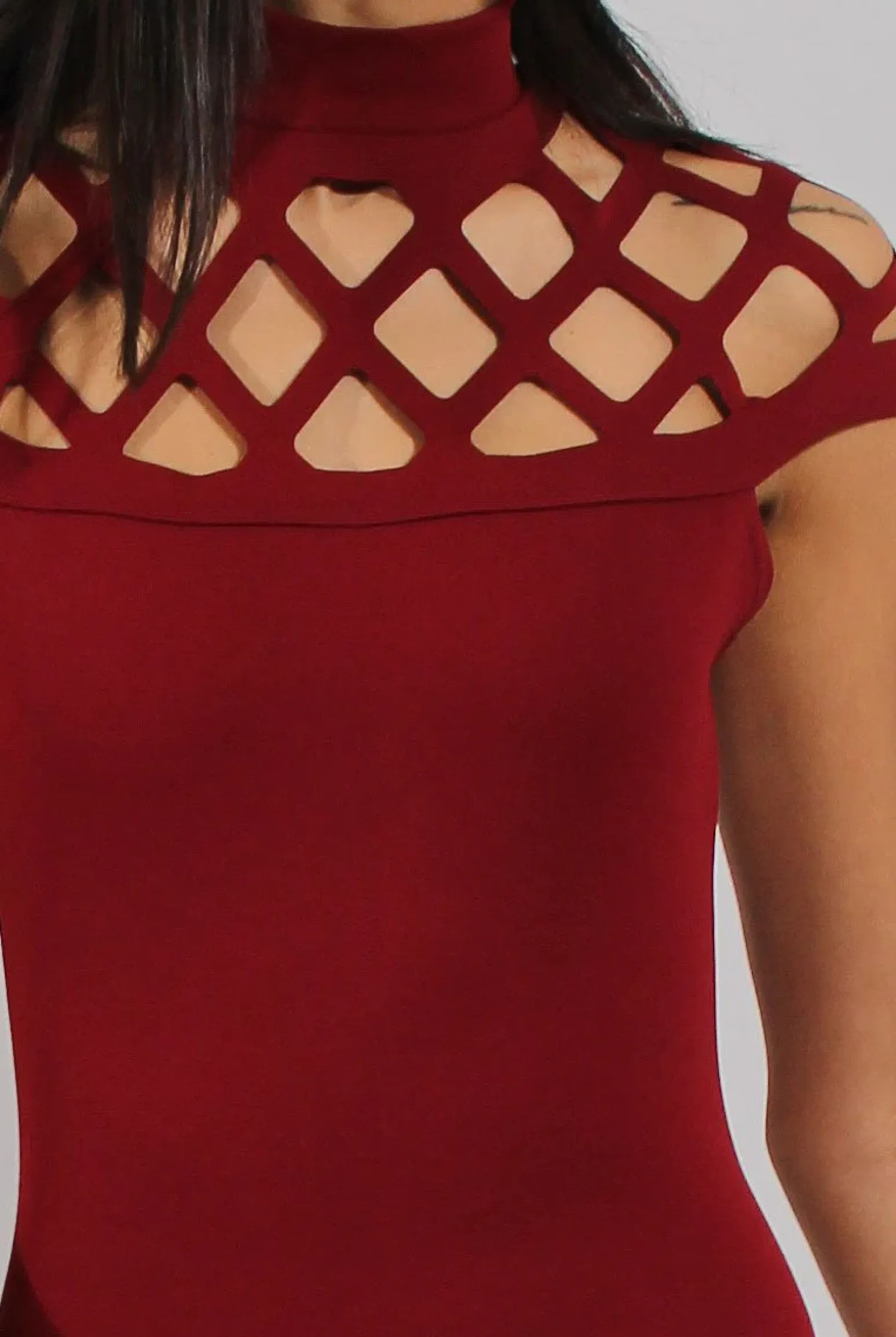 Rebellious Fashion Wine Cage High Neck Bodycon Dress- Kade