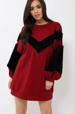 Rebellious Fashion Wine Chevron Fur Jumper Dress - Esme