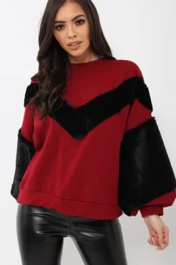 Rebellious Fashion Wine Chevron Fur Jumper - Lara